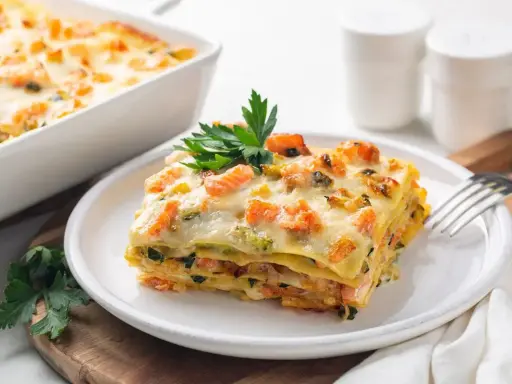 Una fetta di lasagne di pesce, stratificata con salmone e zucchine, guarnita con prezzemolo.