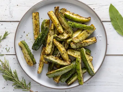 Zucchine in friggitrice ad aria, tagliate a bastoncini e condite con erbe aromatiche, pronte per essere gustate.
