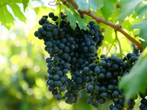 Grappoli scuri di uva pendono dai tralci, promettendo un'ottima allegagione vite. Foglie verdi e luce solare creano uno sfondo sfocato.