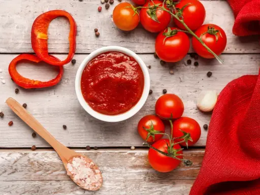 Un ciotola di ketchup fatto in casa, pomodori freschi, peperone rosso, aglio e sale rosa su un tavolo di legno.