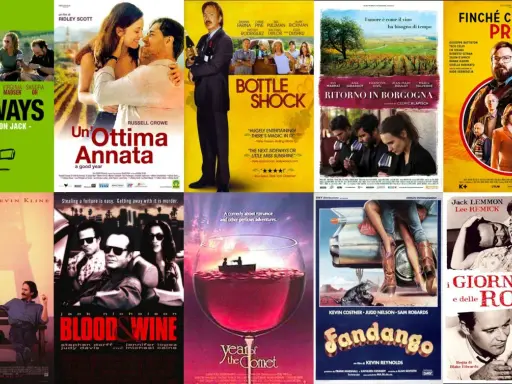 Locandine di film sul vino: Sideways, Un'ottima annata, Bottle Shock, Ritorno in Borgogna, Finché c'è prosecco c'è speranza, French Kiss, Blood & Wine, Year of the Comet, Fandango, I giorni del vino e delle rose.