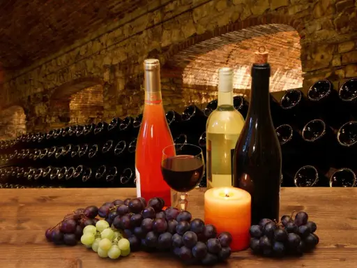 Uva e bottiglie di vino in una cantina storica, con un bicchiere di rosso e una candela. I vitigni Franciacorta sono pronti per essere degustati.