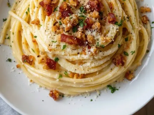 Spaghetti cremosi con guanciale croccante e parmigiano, una deliziosa carbonara vegetariana.