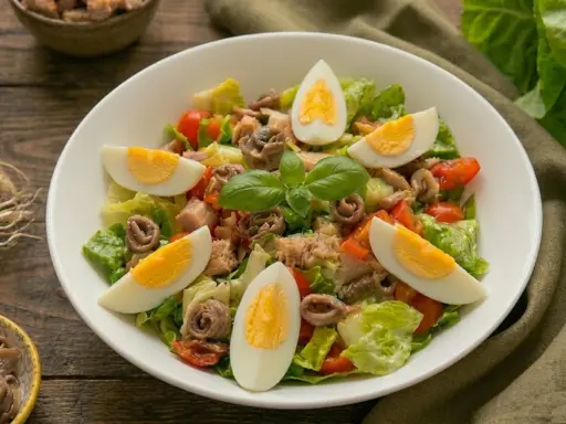 Insalata nizzarda con uova sode, tonno, acciughe, pomodorini e lattuga. Ingredienti freschi per un piatto gustoso.