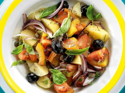 Insalata eoliana con patate, pomodori, olive nere, cipolla rossa e basilico fresco, servita in un piatto colorato.