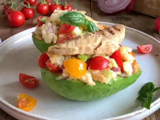 Avocado ripieno con panzanella napoletana, pomodorini, cetrioli e pesce grigliato. Fresco e colorato.