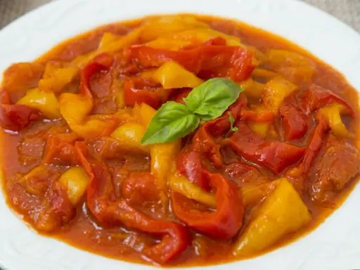 Peperonata ricetta della nonna: peperoni rossi e gialli cotti lentamente in un sugo saporito, guarniti con basilico fresco.
