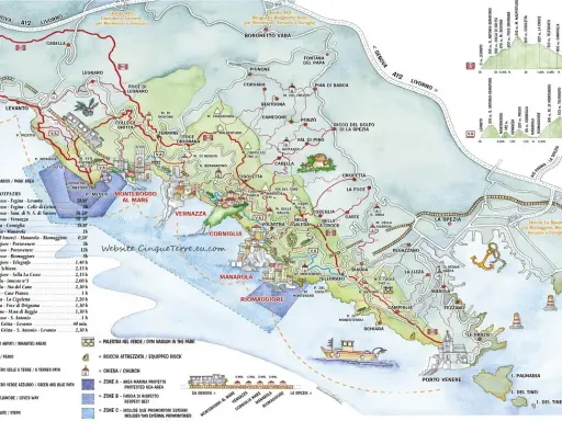 Cartina sentieri e borghi del Levante Ligure, con percorsi, dislivelli e tempi di percorrenza.