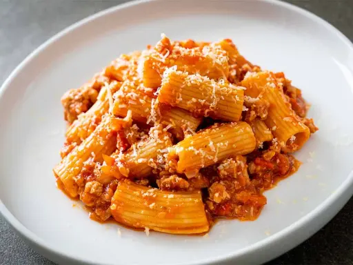 Un piatto di pasta alla zozzona, con rigatoni conditi con un ricco sugo di carne e pomodoro, spolverati di parmigiano.