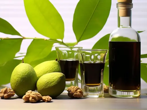 Nocino ricetta: noci verdi, liquore scuro in bicchierini e bottiglia, foglie verdi sullo sfondo.