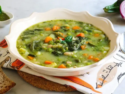 Un fumante minestrone genovese, ricco di verdure fresche, piselli, carote e fagioli, servito con pesto e pane tostato.