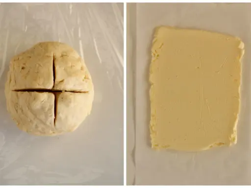 Impasto per ricetta pasta sfoglia diviso in quattro e un blocco di burro.