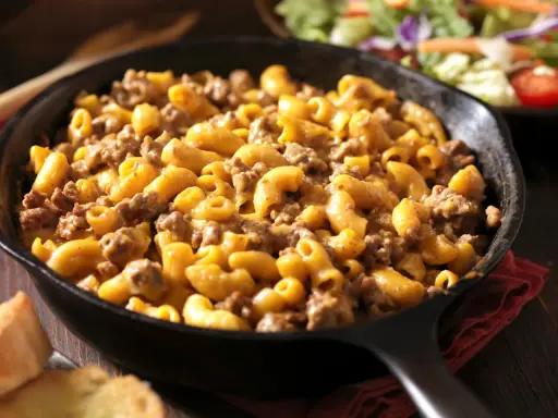 Una padella di pasta panna e salsiccia, cremosa e saporita, pronta per essere gustata.