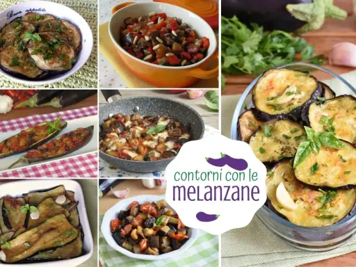 Collage di diverse ricette con melanzane: fritte, ripiene, in padella e al forno. Perfette per contorni gustosi.
