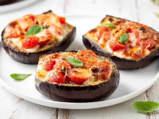 Melanzane ripiene vegetariane, gustose e colorate, con pomodorini e formaggio filante, guarnite con basilico fresco.