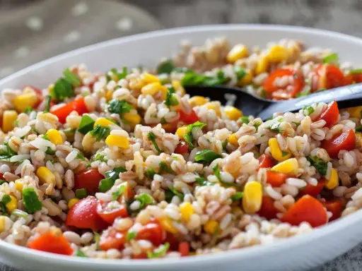 Insalata di farro colorata con pomodorini, mais e prezzemolo. Perfetta per farro ricette veloci e gustose.