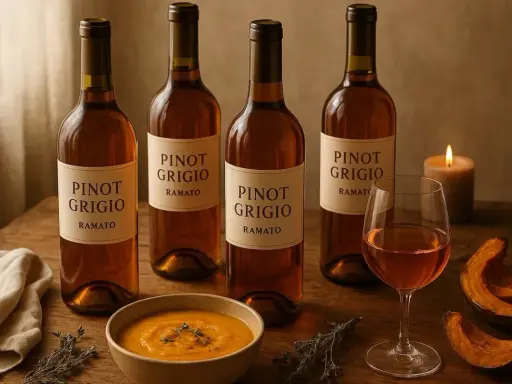 Quattro bottiglie di Pinot Grigio Ramato, una ciotola di zuppa di zucca e spicchi di zucca arrosto, perfetti per i tuoi pinot grigio abbinamenti autunnali.