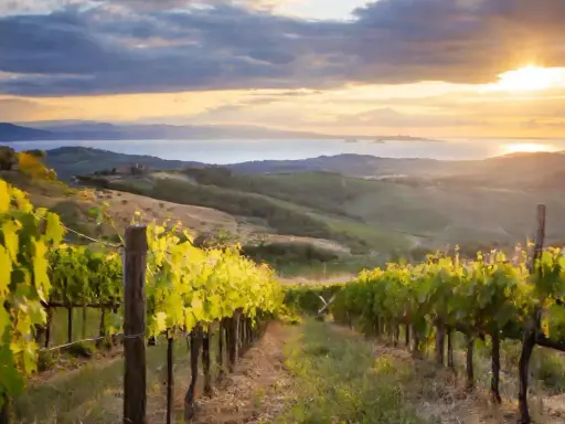 Vigneti al tramonto, con il sole che illumina le dolci colline toscane e il mare in lontananza. Qui cresce il pregiato sassicaia vitigno.