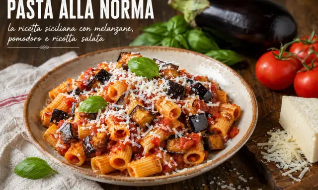 Piatto di pasta con sugo alla norma, ricco di melanzane fritte, pomodoro e ricotta salata grattugiata, guarnito con basilico fresco.