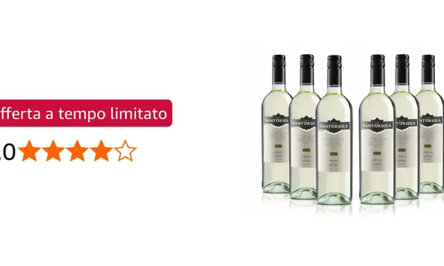 Cinque bottiglie di vino bianco Grillo di Sicilia, con etichetta "Casa Santorsola". Offerta a tempo limitato, valutazione 4 stelle.