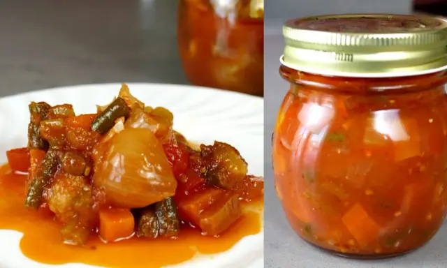 La vera giardiniera, un mix di verdure sott'aceto in un barattolo e servita su un piatto bianco.