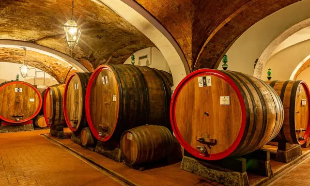 Cantine storiche con botti di legno, perfette per una visita a Montepulciano.