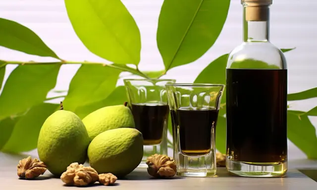 Nocino ricetta: noci verdi, liquore scuro in bicchierini e bottiglia, foglie verdi sullo sfondo.