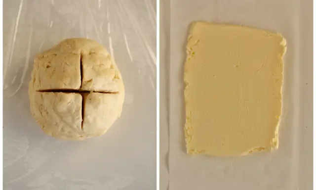 Impasto per ricetta pasta sfoglia diviso in quattro e un blocco di burro.