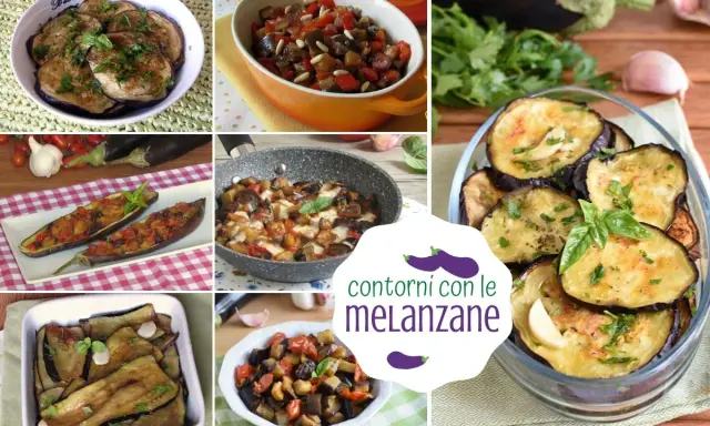 Collage di diverse ricette con melanzane: fritte, ripiene, in padella e al forno. Perfette per contorni gustosi.