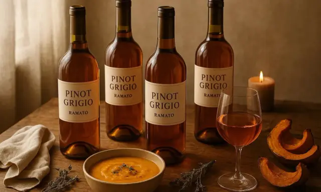 Quattro bottiglie di Pinot Grigio Ramato, una ciotola di zuppa di zucca e spicchi di zucca arrosto, perfetti per i tuoi pinot grigio abbinamenti autunnali.