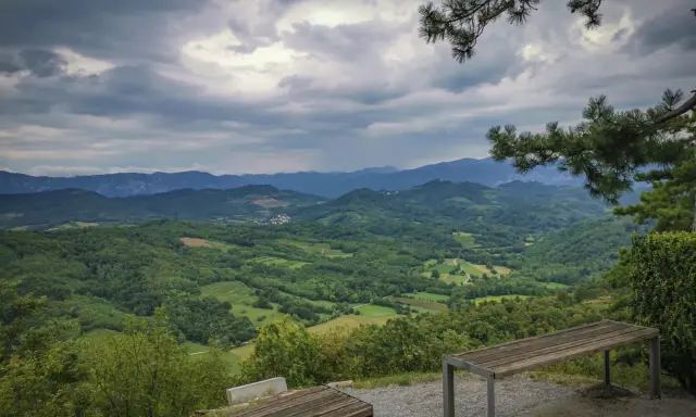 Panoramica del **Carso** con colline verdi e montagne all'orizzonte, sotto un cielo nuvoloso. Due panchine invitano alla sosta.