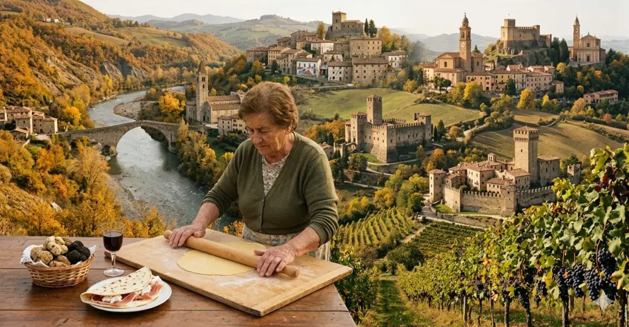Un weekend in Italia tra borghi medievali, vigneti e sapori autentici. Una nonna prepara la pasta fresca con un paesaggio mozzafiato sullo sfondo.