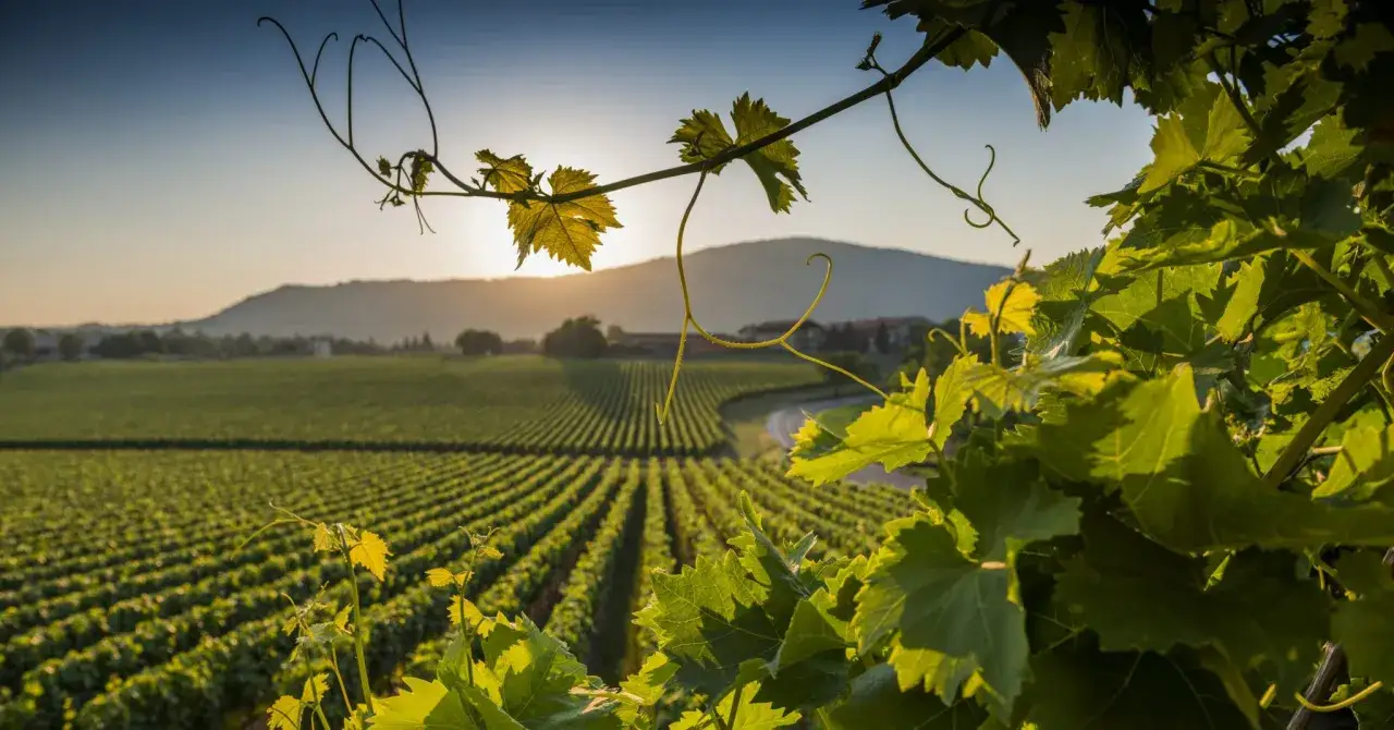 Tramonto dorato sui vitigni siciliani, con filari ordinati che si estendono verso dolci colline. Foglie verdi in primo piano incorniciano il paesaggio.