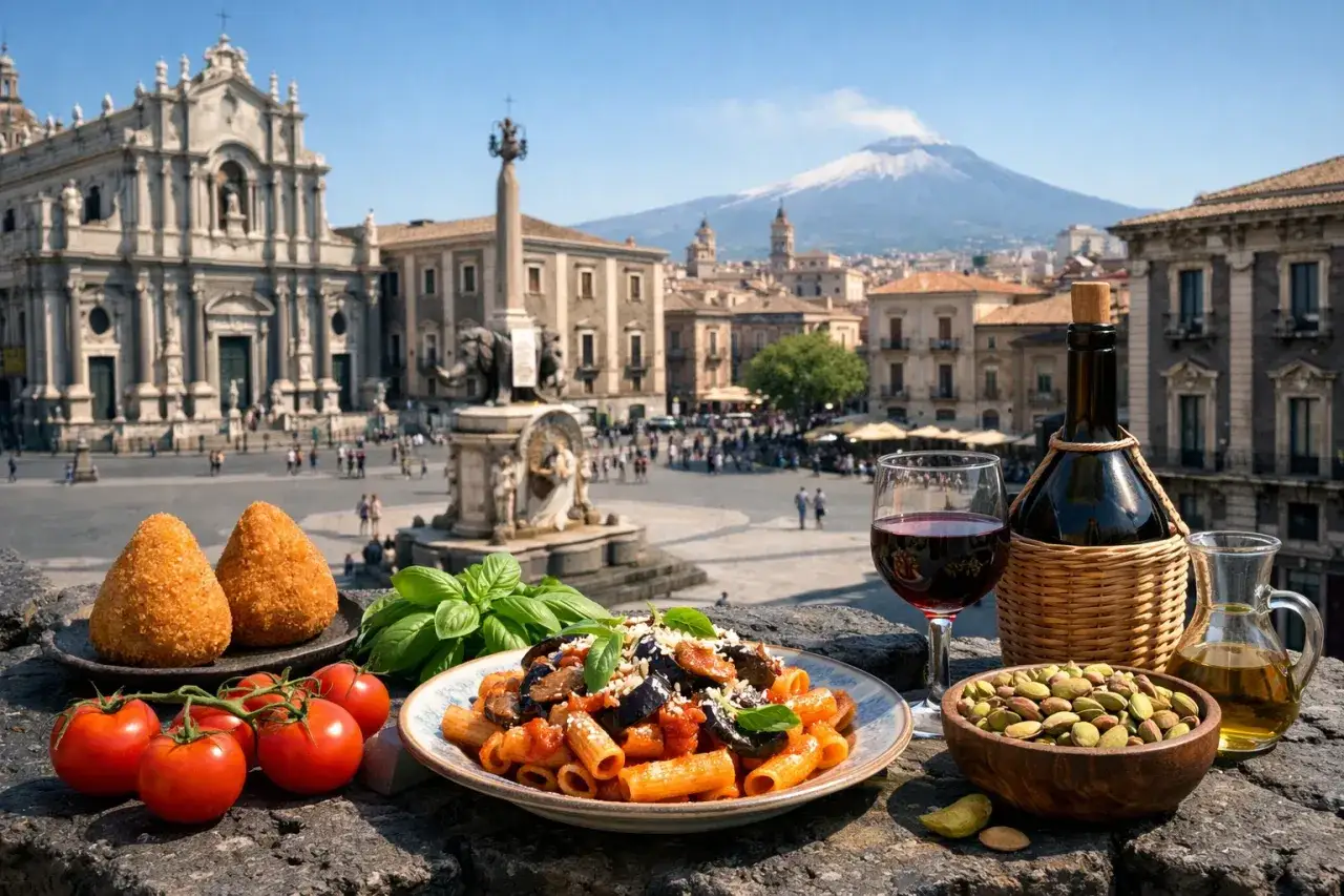 Assapora la vera Catania: arancini, pasta alla Norma, vino e pistacchi con l'Etna sullo sfondo. Un invito a visitare Catania!