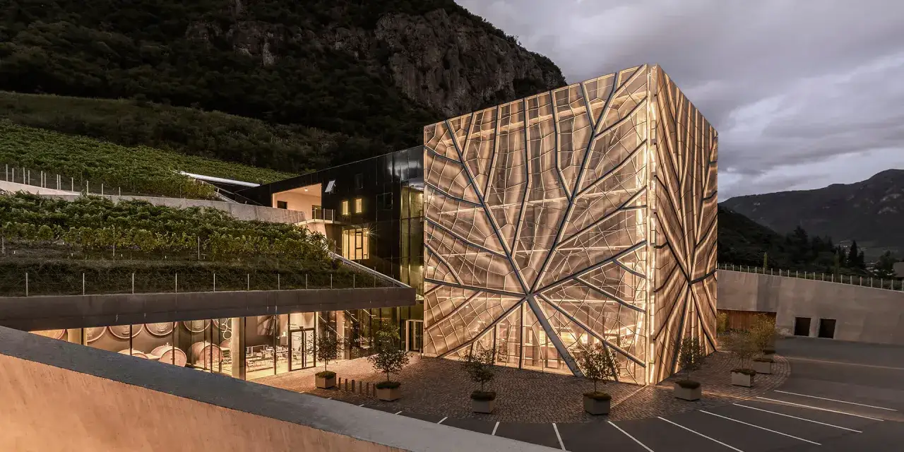 La cantina sociale Bolzano, con la sua facciata luminosa a forma di foglia, si erge tra i vigneti sotto un cielo serale.