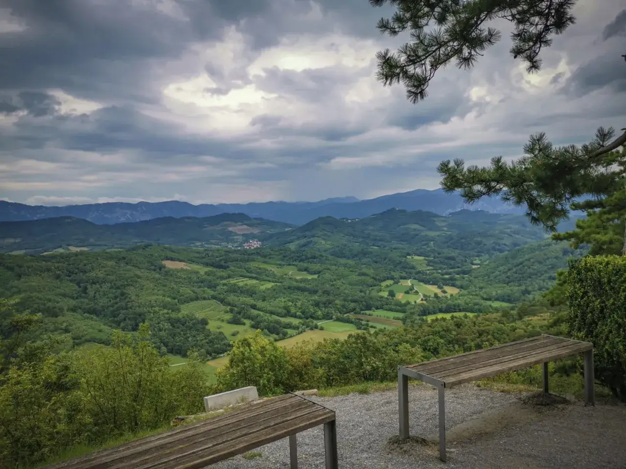 Panoramica sul Carso dove si trova un paesaggio collinare verdeggiante sotto un cielo nuvoloso. Due panchine invitano alla contemplazione.