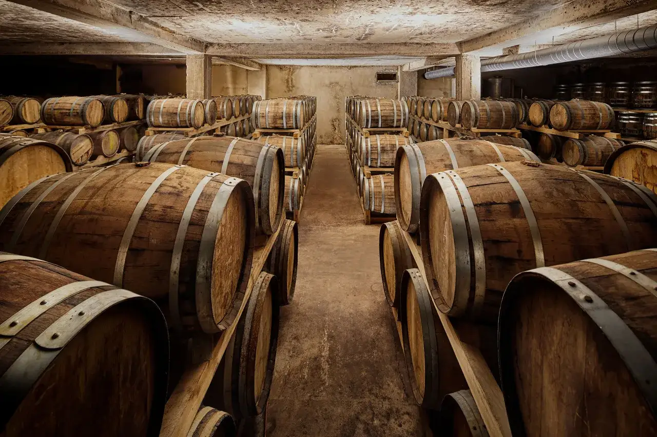 Cantina con botti di legno, dove avviene la fermentazione malolattica per affinare il vino.