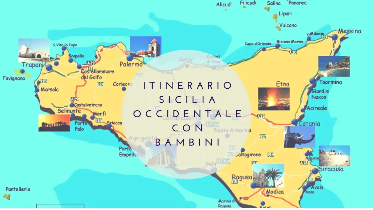 Mappa della Sicilia con itinerario per bambini, da Trapani a Palermo, passando per siti archeologici e vulcani.