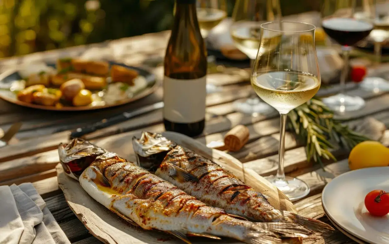 Pesce grigliato e bicchieri di vino bianco, con note fresche che ricordano il sauvignon blanc.