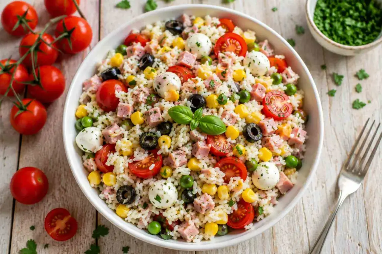 Insalata di riso colorata con pomodorini, mais, piselli, olive, mozzarelline e prosciutto. Perfetta per scoprire come condire l'insalata di riso in modo gustoso.