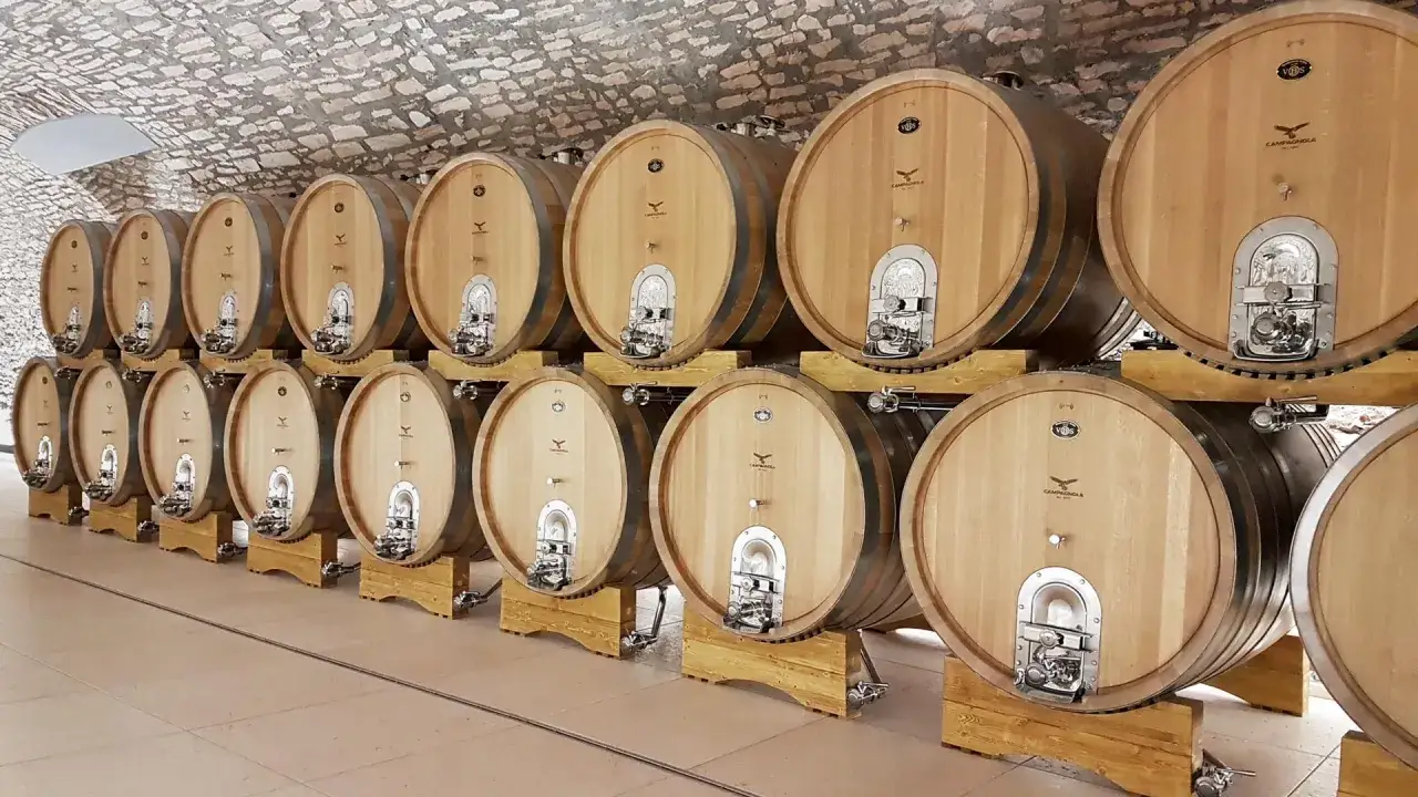 Cantine con botti di legno per l'affinamento vino. Le botti sono disposte in file ordinate su supporti di legno, sotto un soffitto a volta in pietra.