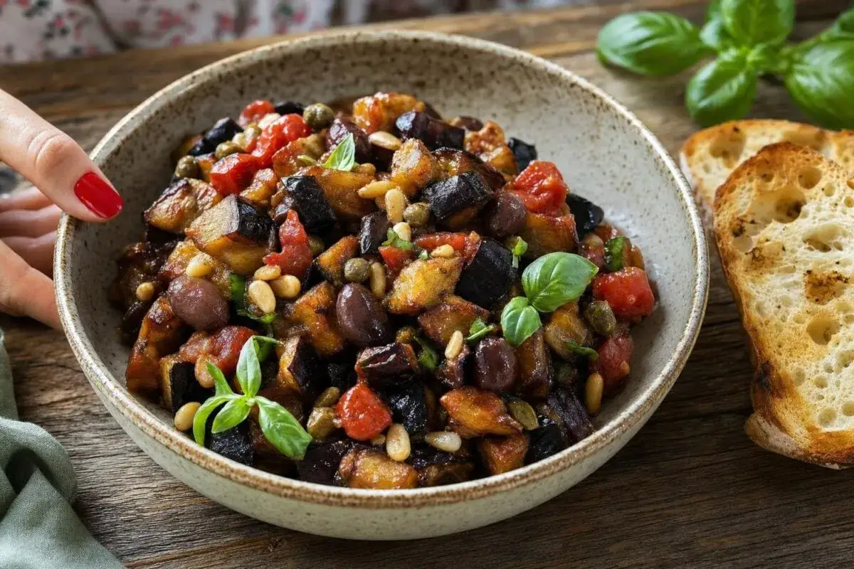 La caponata siciliana ricetta della nonna, un piatto ricco di melanzane, pomodori, olive e pinoli, guarnito con basilico fresco.