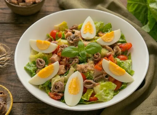 Insalata nizzarda con uova sode, tonno, acciughe, pomodorini e lattuga. Ingredienti freschi per un piatto gustoso.